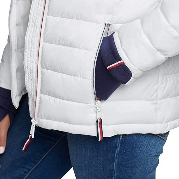 Tommy Hilfiger Womens Packable Hooded Puffer Jacket White Navy Blue Size Large - Picture 8 of 11